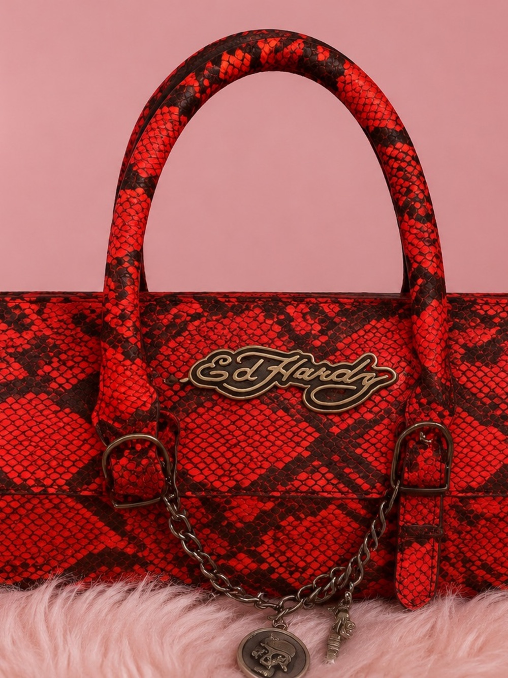 Ed Hardy Red and Black Snake-Print Satchel with Gold Logo